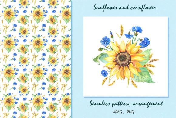 Watercolor Sunflower and Cornflower
